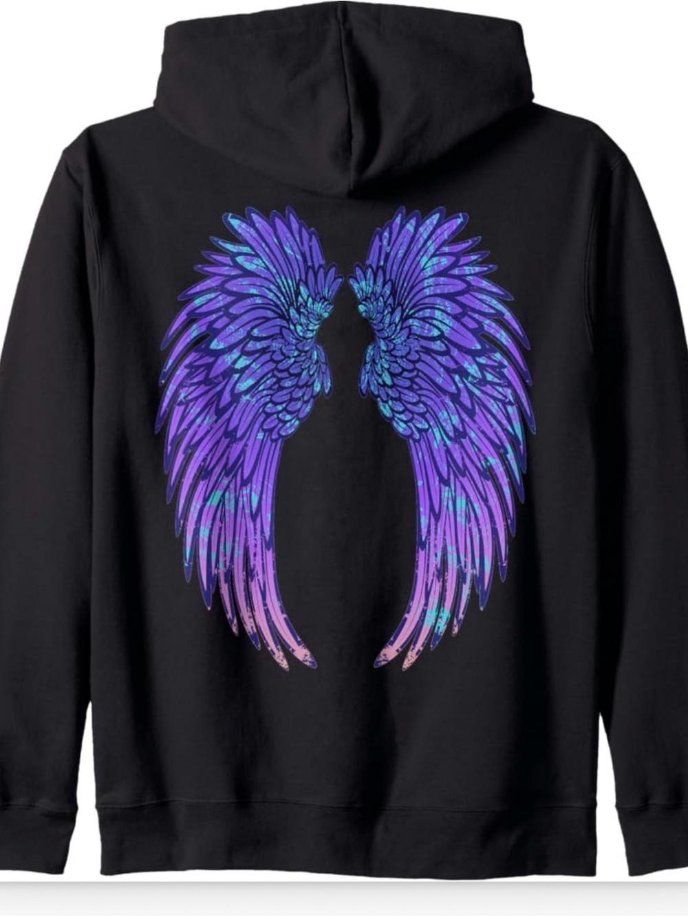 Black Hoodie with Purple & Teal Angel Wings Print